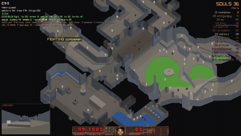 Helldrop gameplay: Doom Guy fighting through an isometric E1M1 while demons rain down